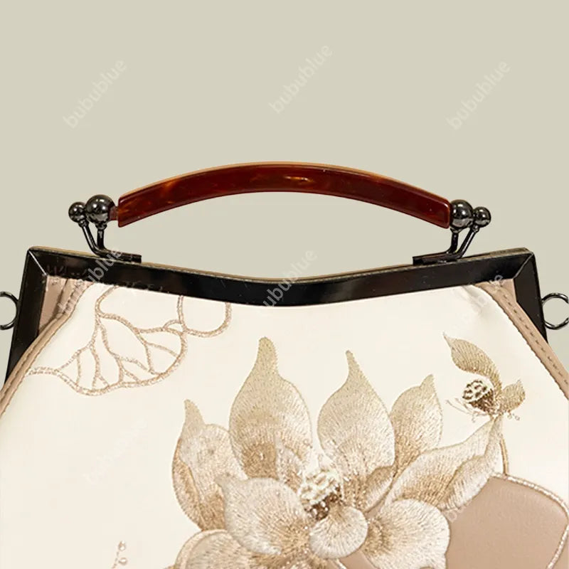 Lotus Embroidered Beige Leather Handbag with Vintage Kiss Lock