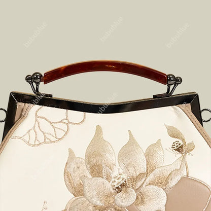Lotus Embroidered Beige Leather Handbag with Vintage Kiss Lock