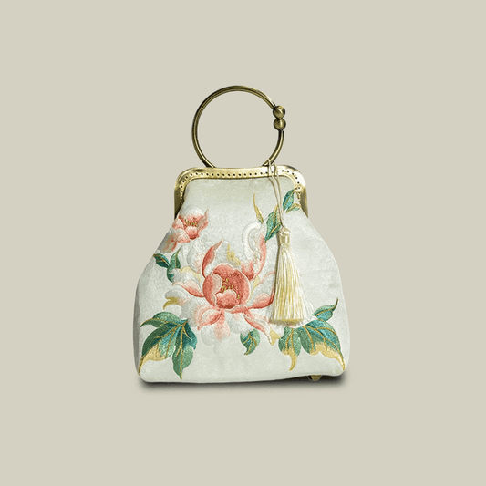 Peony Embroidered White Handbag with Metal Kiss-Lock