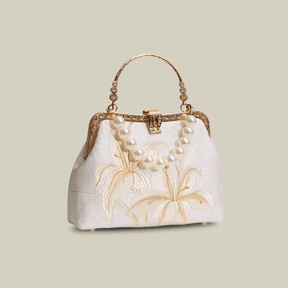Lily Embroidered Pearl Handle Handbag with Metal Lock