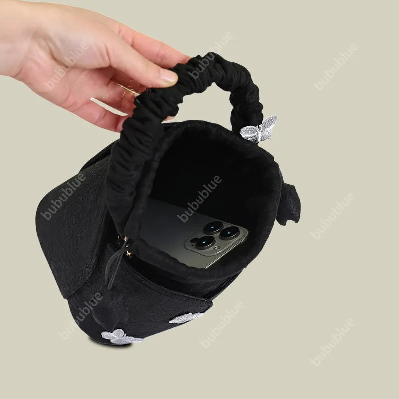 Black Butterfly Embroidered Vintage Bucket Bag Crossbody