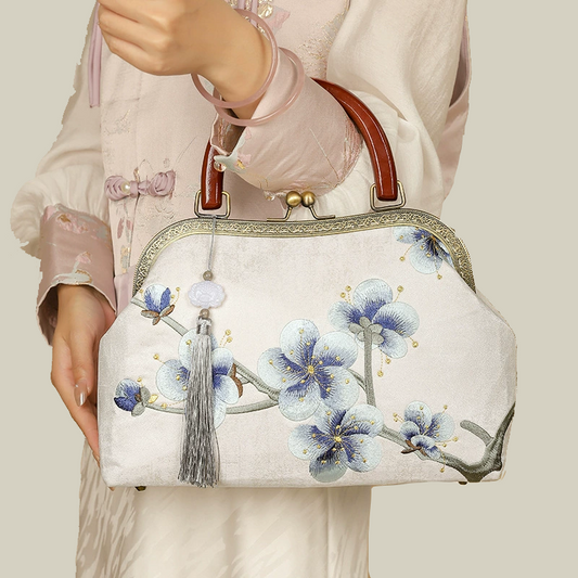 Plum Blossom Embroidered Kiss-Lock Handbag with Acrylic Handle