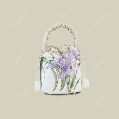 Purple Iris Embroidered Drawstring Bucket Bag