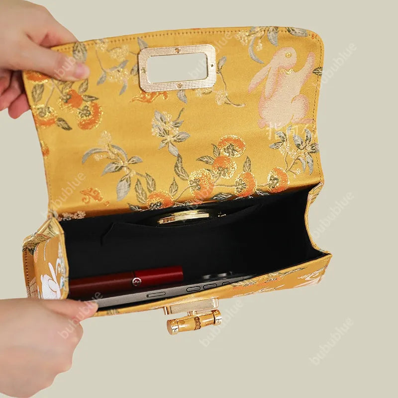 Vintage Gold Brocade Boston Evening Purse with Bamboo Handle