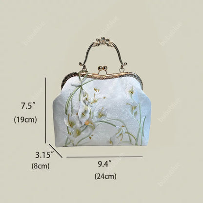 Calla Lily Embroidered Vintage Bride Clutch with Kiss Lock