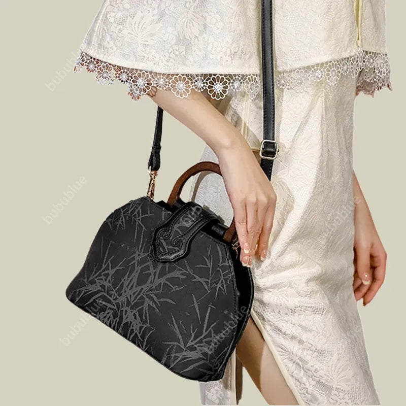 Bamboo Leaf Print Wooden Handle Shell Bag with Crossbody Strap