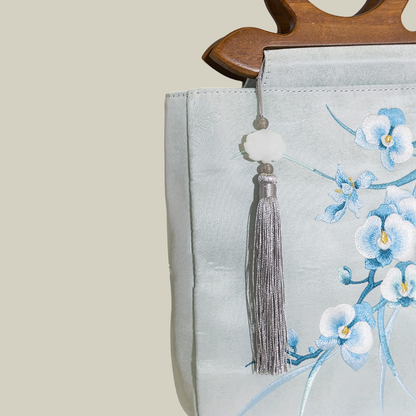 Phalaenopsis Whisper Embroidered Tote with Wooden Handle