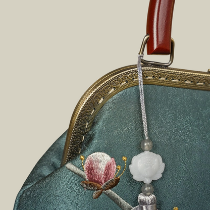 Plum Blossom Embroidered Kiss-Lock Handbag with Acrylic Handle