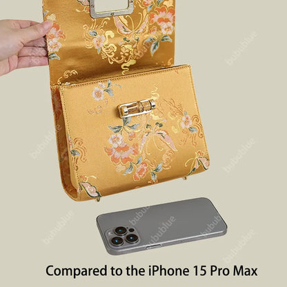 Gold Brocade Square Clutch Box with Bamboo Handle