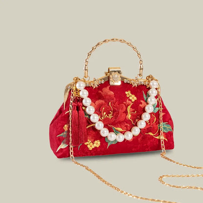 Red Peony Bloom Embroidered Handbag Bag with Pearl Handle