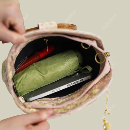 Round Wood Handle Shell Pink Brocade Bag Shaped Purse with Tasse