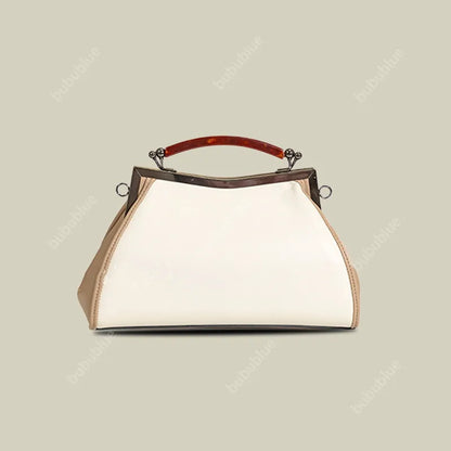Lotus Embroidered Beige Leather Handbag with Vintage Kiss Lock
