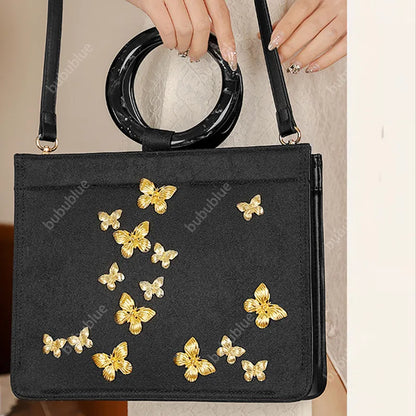 Golden Butterfly Embroidered Black Tote Bag with Crossbody Strap