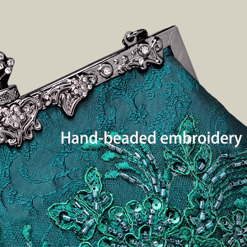 Emerald Embroidery Luxury Elengant  Handbags With Vintage Metal Handle