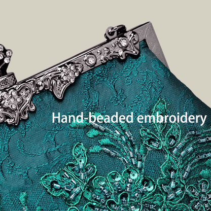 Emerald Embroidery Luxury Elengant  Handbags With Vintage Metal Handle