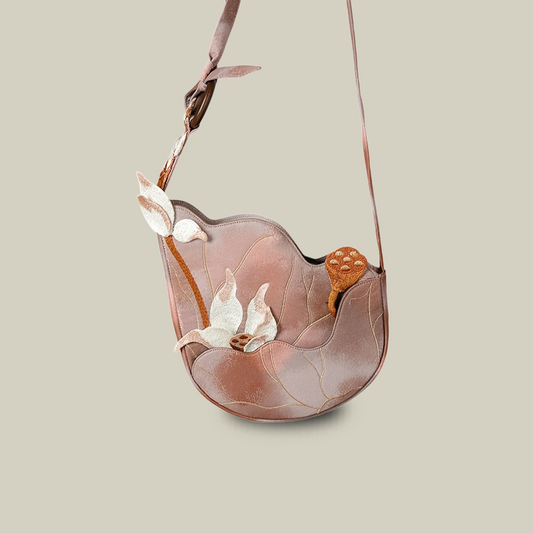 3D Lotus Embroidered Tie-dye Brown Crossbody Bag
