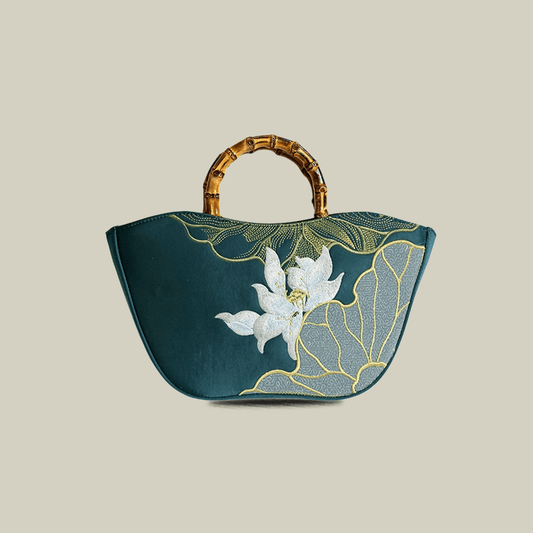 Lotus Embroidery Bamboo Handle Tote Bag