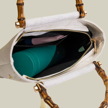 Embroidered Calla Lily Tote Bag with Wooden Handle