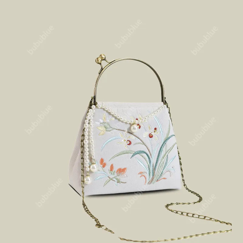 Cotton And Linen Orchid Embroidery Handbag With Pearl Chain (White/Red/Orange-Brown)
