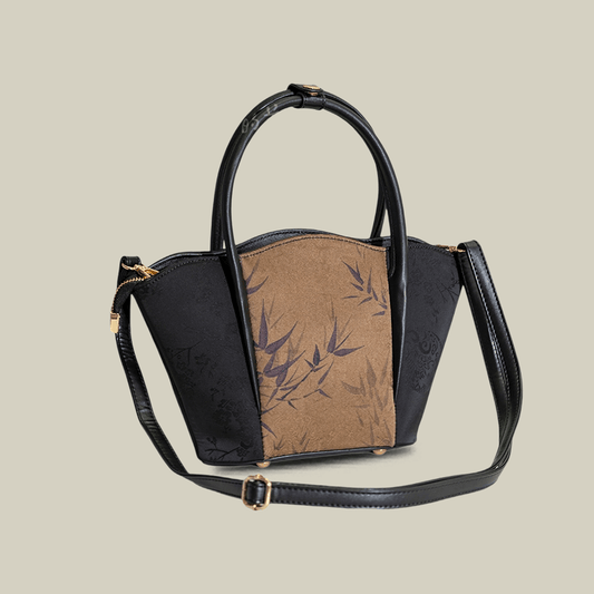 Bamboo Leaf Printed Black Colorblock Handbag