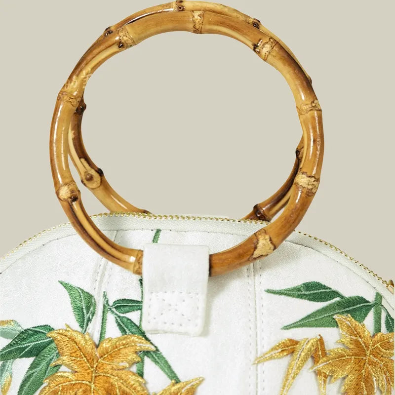 Maple Leaf Embroidered Pumpkin Handbag with Bamboo Handle