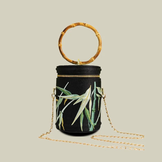 Vintage Bamboo Embroidered Bucket Bag with Bamboo Handle
