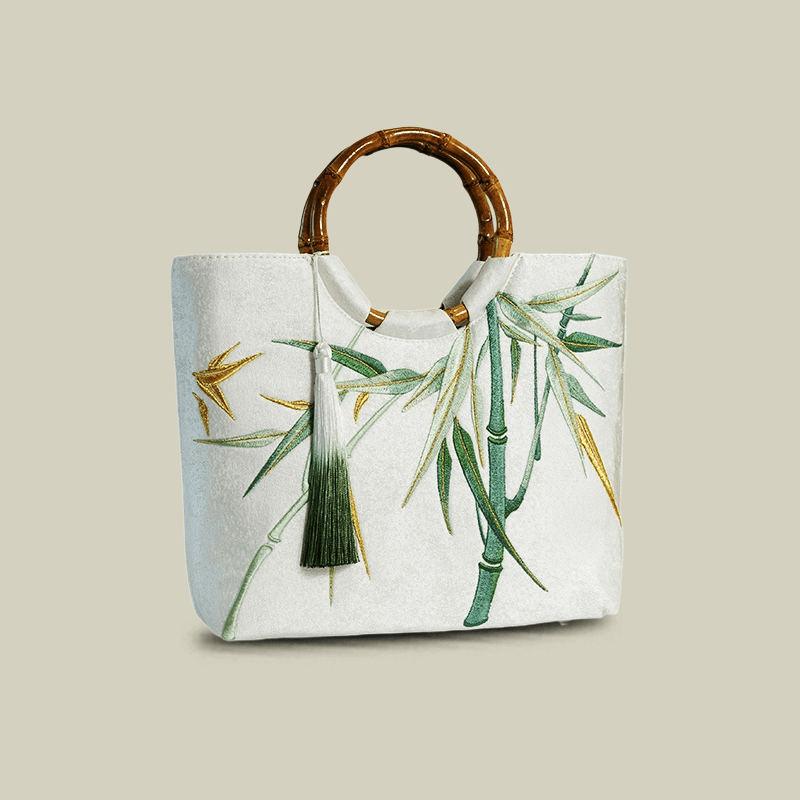 Bamboo Embroidered White Tote Bag with Bamboo Handle