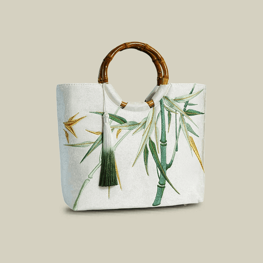 Bamboo Embroidered White Tote Bag with Bamboo Handle