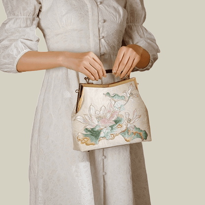 Embroidered Lotus Square Kiss-Lock Handbag with Acrylic Handle