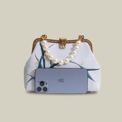 Orchid Embroidered Pearl Handle Handbag with Metal Lock