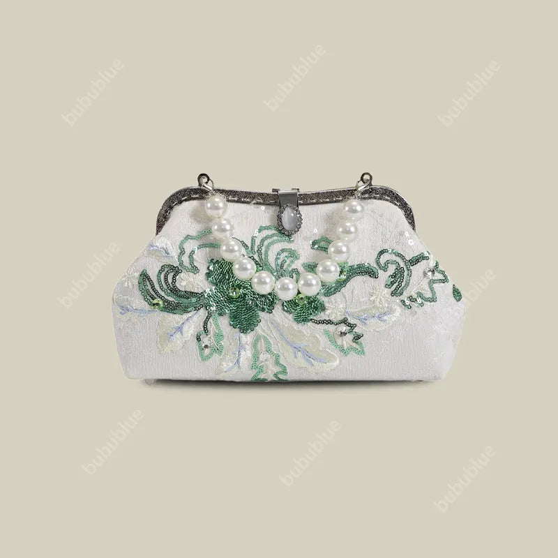 Emerald Green Floral Embroidered Clutch Bag With Pearl Handle