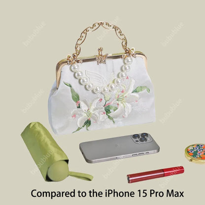 Lily Embroidered Pearl Handle Vintage Evening Clutch with Butterfly Kiss Lock