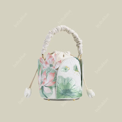 Lotus Embroidered Vintage Drawstring Green Bucket Bag with Soft Handle
