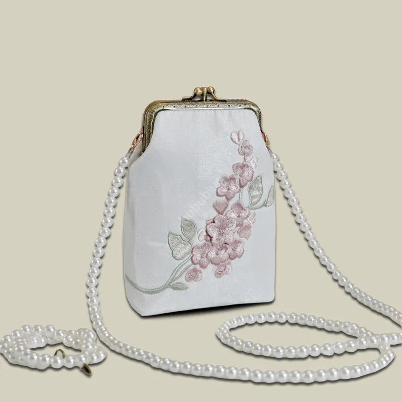 Begonia Embroidery Vintage Crossbody Phone Bag with Kiss Lock