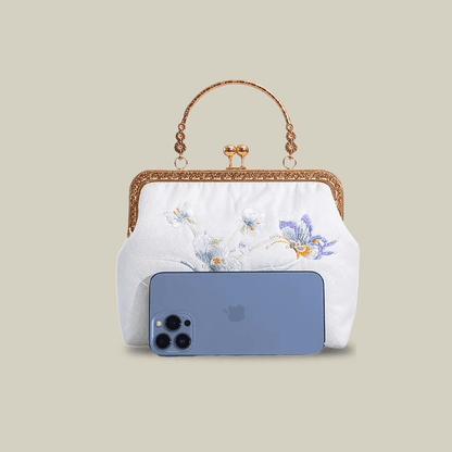 Butterfly Embroidered White Kiss-Lock Handbag