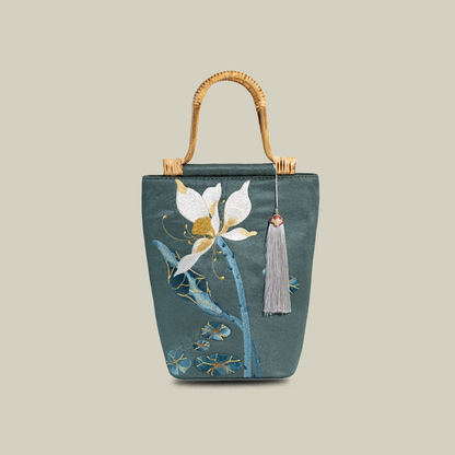Lotus Embroidered Tote Bag with Bamboo Handle