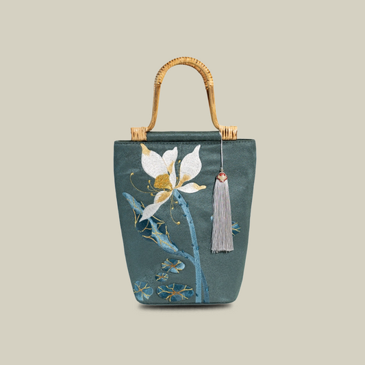 Lotus Embroidered Tote Bag with Bamboo Handle