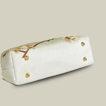 Plum Bossom Embroidered Beige White Vintage Handbag with Pearl Handle