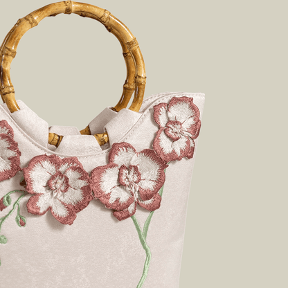 3D Embroidered Flowers & Bamboo Handle White Tote Bag