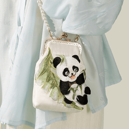 Cute Panda Embroidered Crossbody Bag with Pearl Strap