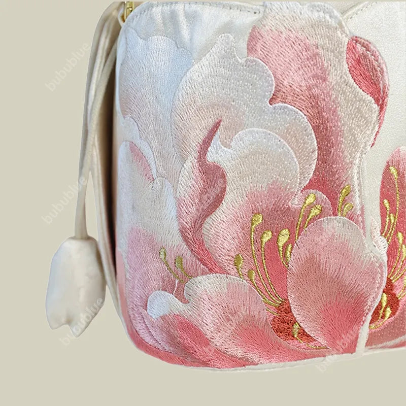 Peony Embroidered Vintage Bucket Bag with Drawstring Closure
