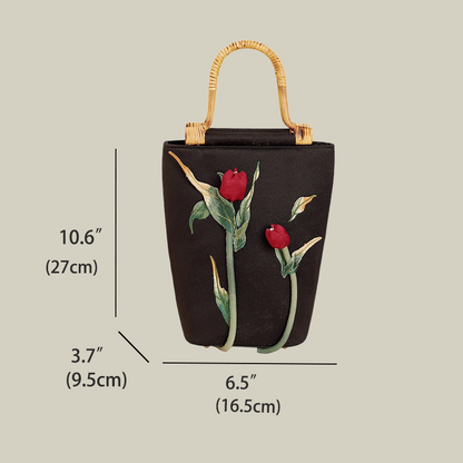 3D Rose Embroidered Black Tote Bag with Bamboo Handle