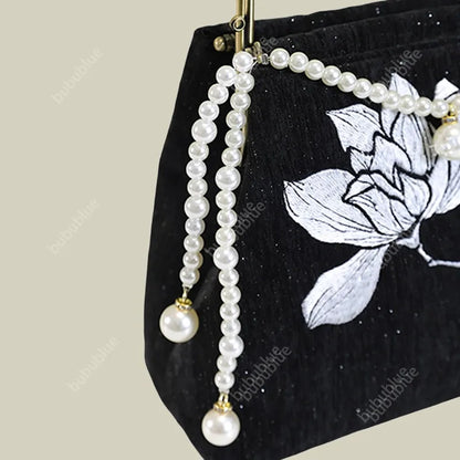 Black Lotus Embroidered Evening Bag with Pearl Trim Kiss Lock