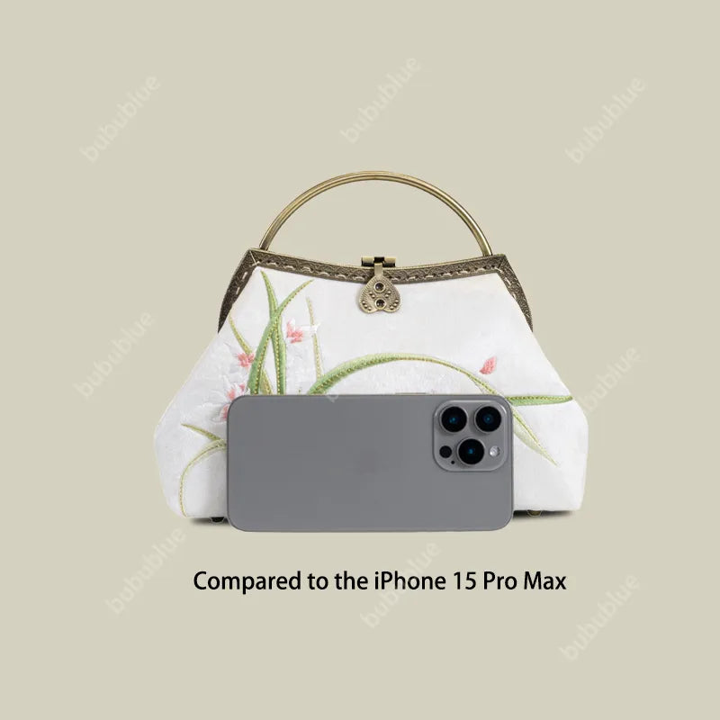 Orchid Embroidery White Handbag With Round Metal Handles