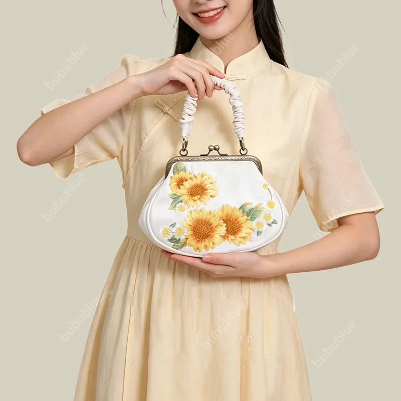 Sunflower Embroidered  Vintage Shell Purse with Kiss Lock
