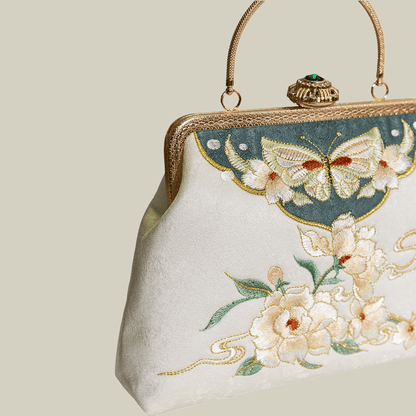 Butterfly Garden Embroidered White Handbag with Gem Lock