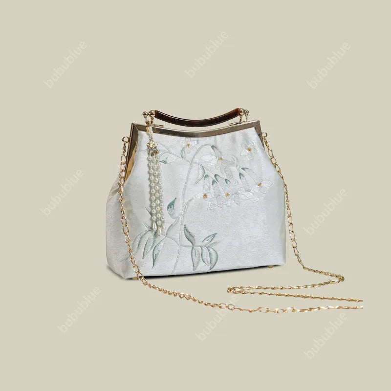 White Pear Blossom Embroidered Kiss Lock Clutch with Pearl Tassel