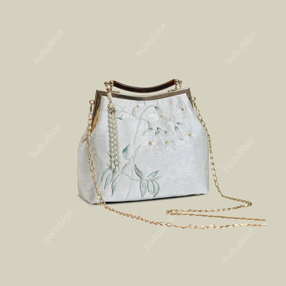 White Pear Blossom Embroidered Kiss Lock Clutch with Pearl Tassel