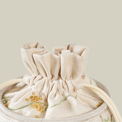 Wisteria Embroidered Drawstring Bucket Bag in Cream Satin