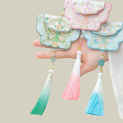 Handmade Butterfly Embroidered Sachet Pendant with Floral Tassel